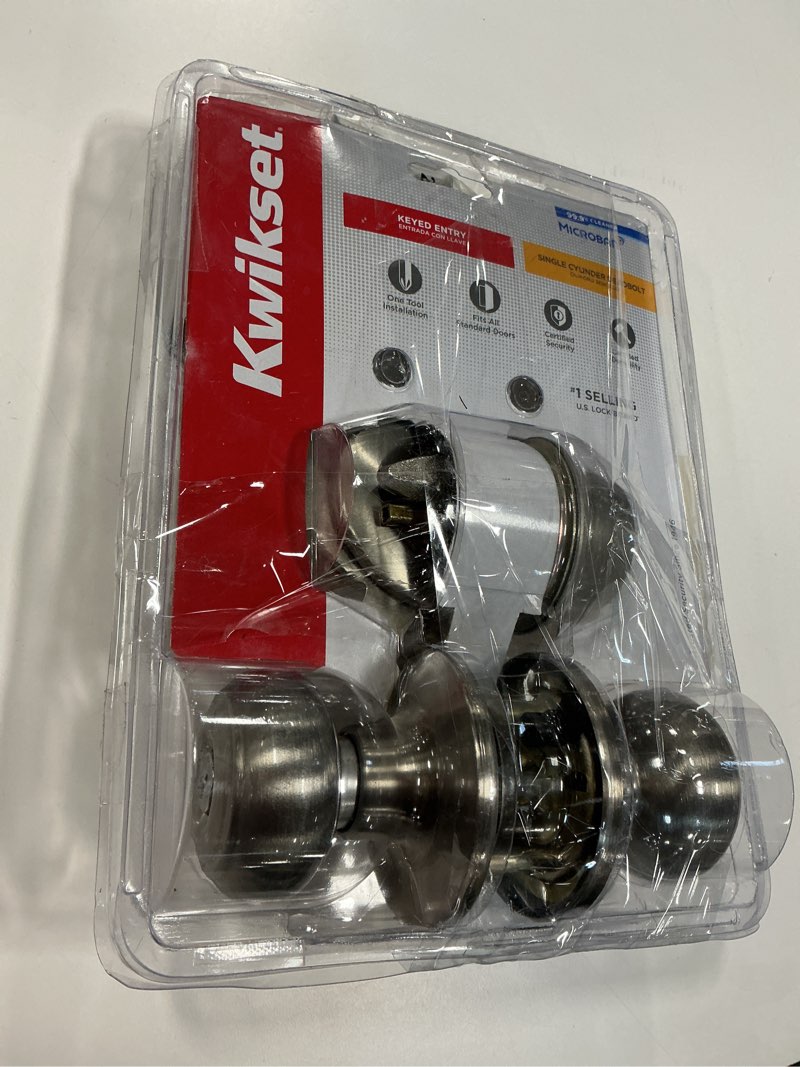 Condition photo showing As Is for Kwikset Polo Satin Nickel Exterior Single-Cylinder Deadbolt and Keyed Entry Door Knob Combo Pack