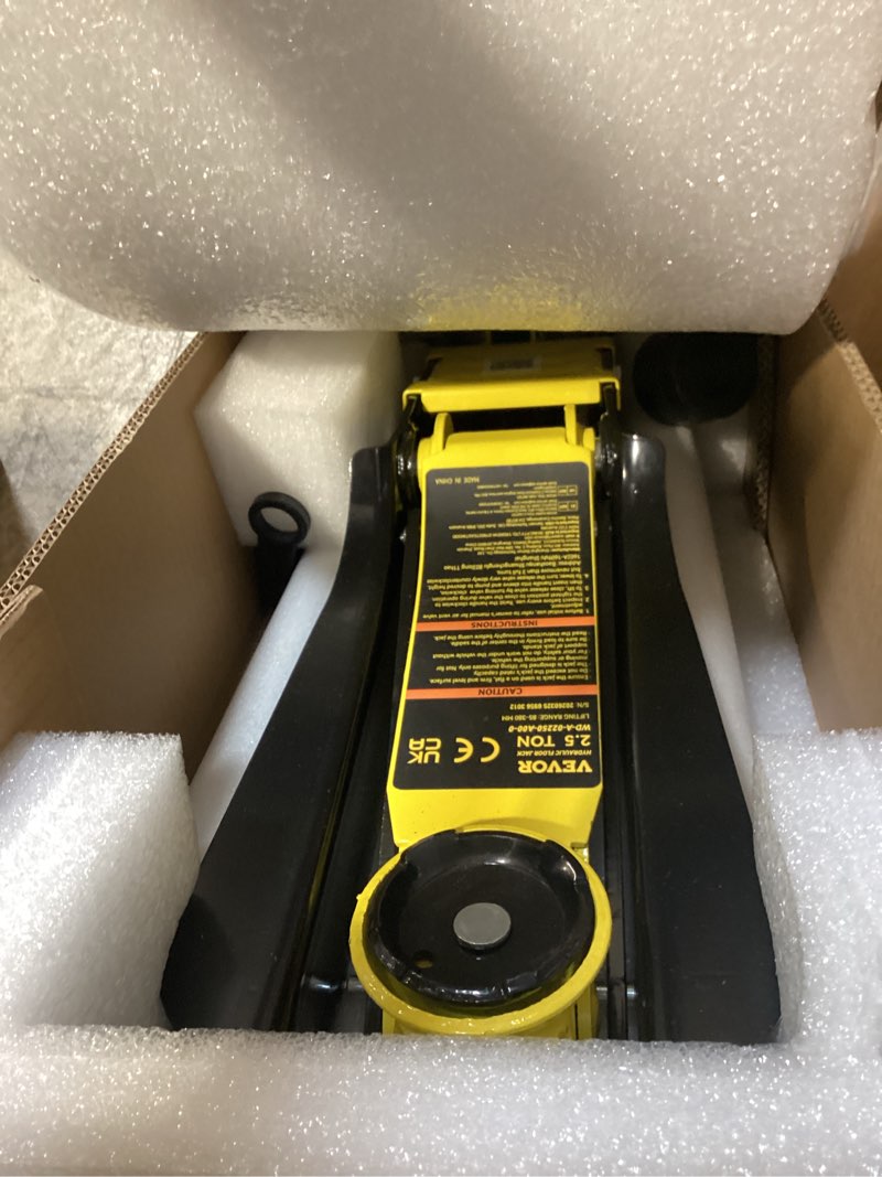 Condition photo showing As Is for vevor floor jack, 2.5 ton low profile floor jack, heavy-duty steel racing floor jack with single piston lift pump, floor jack lifting range 3.35"-14.96"