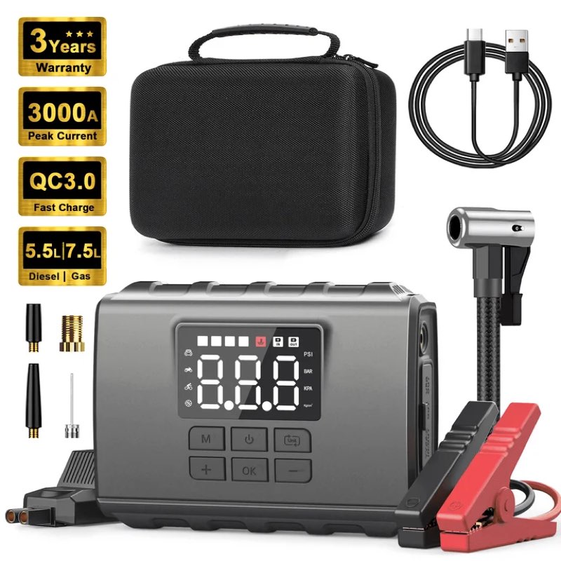 DBPOWER Peak 2000A 18000mAh Portable Car Jump Starter (up to 7.2L Gas, 5.5L Diesel Engine) Battery Booster with Smart Charging Port, Compass, LCD Screen and LED Light (Black/Red)