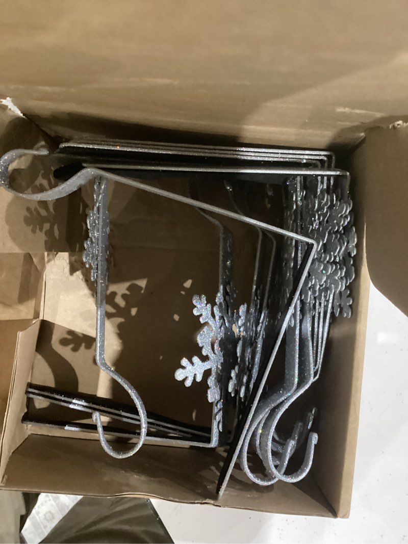 Condition photo showing As Is for gisafai set of 12 glitter christmas mantle stocking holders snowflake christmas stocking hangers weighted shiny metal fireplace mantel non-slip hooks for xmas party decoration(sliver)