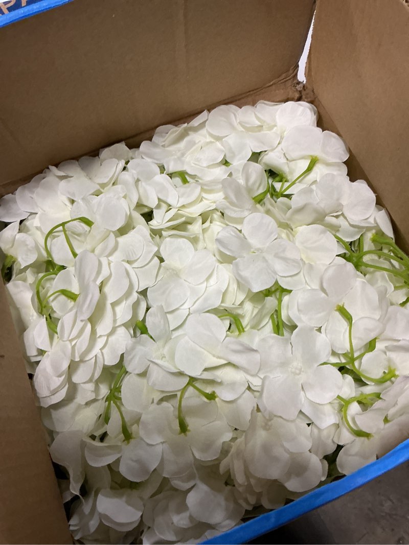 Condition photo showing Good Condition for 100 pcs white hydrangea artificial flowers, faux hydrangea flowers, fake hydrangeas, silk hydrangea flowers with stems, white artificial flowers bulk for wedding party decor bulk artificial flowers white 100pcs