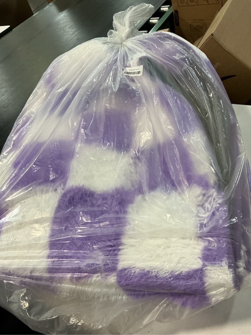 Condition photo showing Good Condition for kicmor purple rugs for living room bedroom, fluffy soft checkered 5x8 area rug fuzzy shag shaggy carpet, indoor furry plush floor rugs for kids girls boys baby teen dorm nursery home decor aesthetic 5' x 8' (rectangular) purple / white