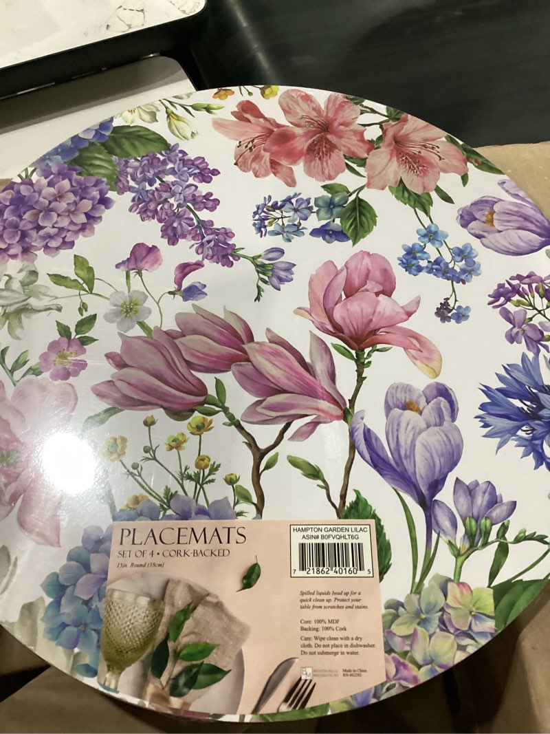 Condition photo showing Good Condition for benson mills cork placemats set of 4, thick cork place mats for kitchen and dining tables, easy clean table mats (15" round set of 4, hampton garden)