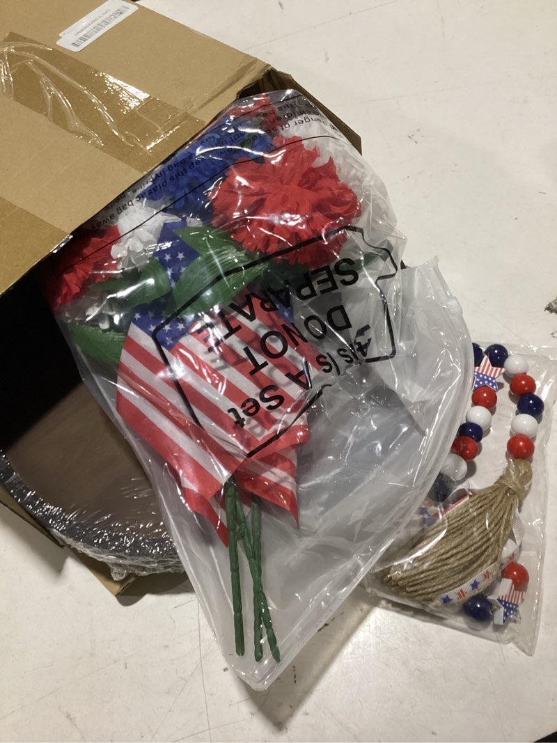 Condition photo showing Good Condition for silifine 4th of july decorations red white blue centerpiece table decor 250th anniversary patriotic flowers with mini flags wooden stars statue tray led candle bead for 4th of july party decor