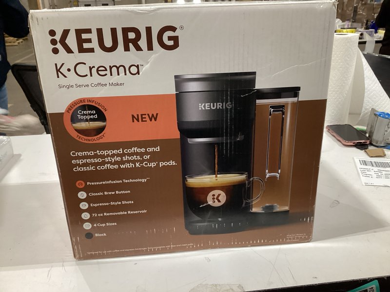 Condition photo showing New/Like New for Keurig K-Crema Single Serve K-Cup Pod Coffee Maker, PressureInfusion & MultiStream Technology, Brews Crema-Topped Coffee, Espresso-Style Shots, Classic Coffee, Tea, Cocoa, 72 oz Removable Reservoir