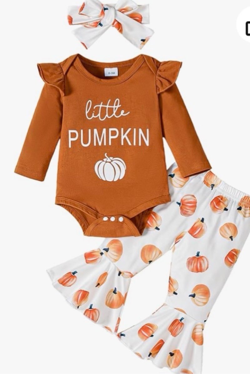 ((Different from the file photo)) Tinypainter Halloween/Thanksgiving Baby Girl Outfit Pumpkin Romper+Flared Pants Infant Fall Clothes 