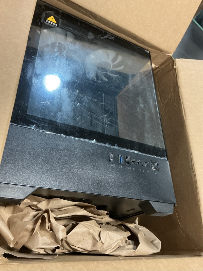 Condition photo showing As Is for micro atx pc case, gaming matx pc case with 3 pwm argb fans pre-installed, type-c full-view dual tempered glass, cpmputer case black