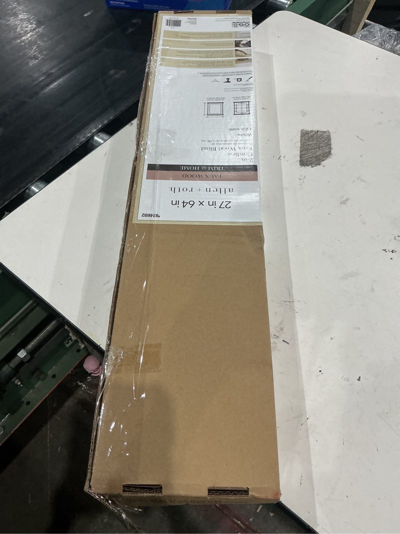 Condition photo showing As Is for (used)allen + roth trim at home 2-in slat width 27-in x 64-in cordless white faux wood room darkening horizontal blinds item