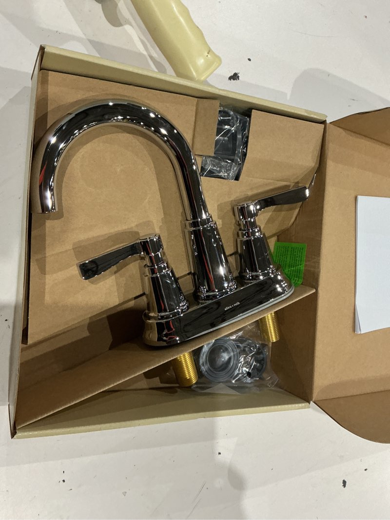 Condition photo showing Good Condition for allen + roth townley polished chrome 4-in centerset 2-handle watersense high-arc residential handle bathroom sink faucet with drain with deck plate