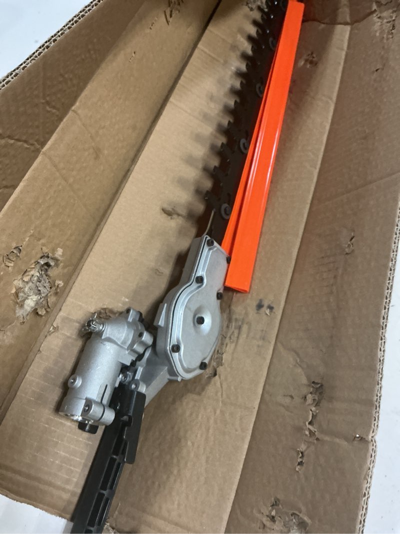 Condition photo showing Good Condition for hedge trimmer attachment, 16 inch universal design, 270° rotation capability dual-direction structure, compatible with husqvarna, troy-belt, remington gasoline trimmers, 3-year warranty