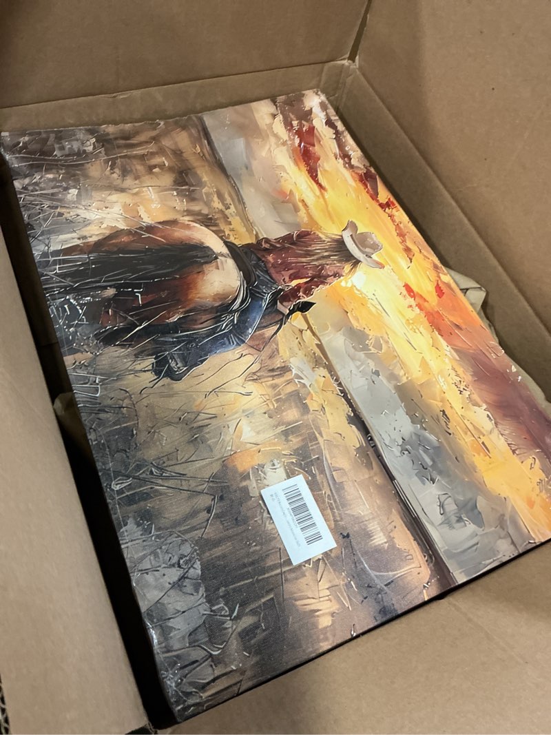 Condition photo showing Good Condition for ocrxlyth western cowgirl riding horse canvas wall art cowgirl wall decor pictures sunset countryside landscape painting print vintage artwork for living room bedroom country decoration 16x24 canvas 24"l x 16"w