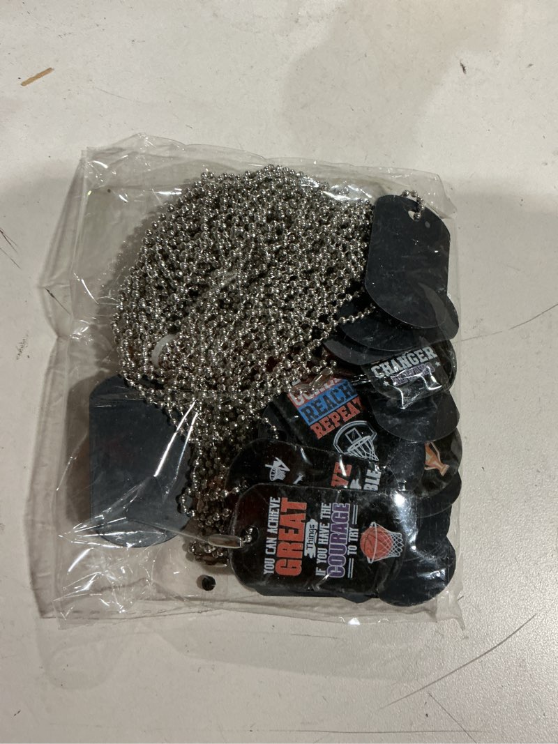 Condition photo showing Good Condition for moukeren 24 pcs motivational dog tag necklaces acrylic dog tags with metal beaded chain encouraging cheerleaders gifts for team favors basketball