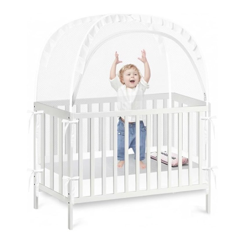 crib tent -crib net to keep baby in, stop baby from climbing out of crib, pop up crib tent with durable breathable net double zipper strong rods installation convenience