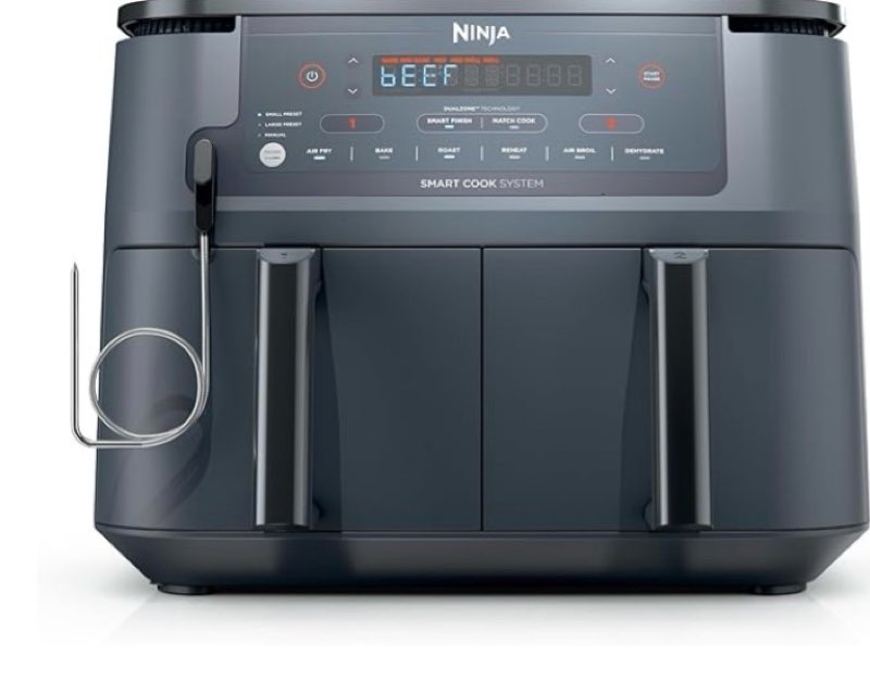 ninja air fryer, thermometer, roast, bake, air fry, crisps, broil, reheats, keep warm, 10-in-1, fries, frozen food, veggies, and meat, quick meals, healthy meals, less oil, 10 qt, grey, dz550?gy