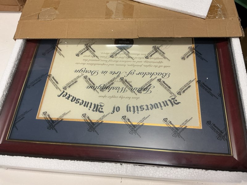 Condition photo showing New/Like New for 15x18 diploma frames with 11x14 blue mat display documents 11 x 14 or 15 x 18 without mat, 14x11 cherry red frame for wall mounting blue 15x18 for 11x14