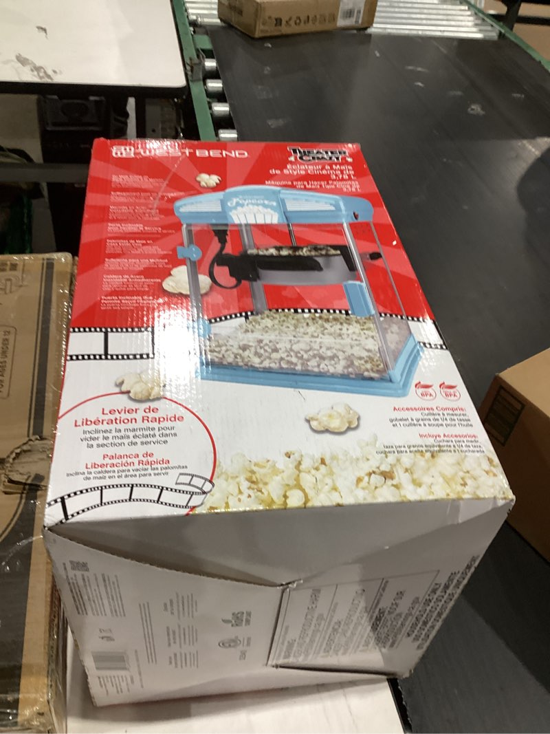 Condition photo showing New/Like New for West Bend Stir Crazy Movie Theater Popcorn Popper, Gourmet Popcorn Maker Machine with Nonstick Popcorn Kettle, Measuring Tool and Popcorn Scoop for Popcorn Machine, 4 Qt., Blue