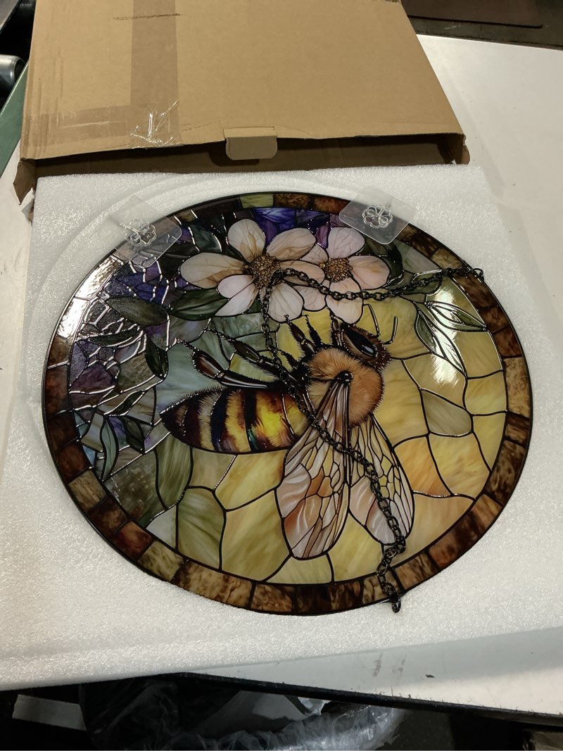 Condition photo showing New/Like New for stained glass window hanging vintage bee suncatcher gifts for women 15" 1-piece yellow 15x15 in