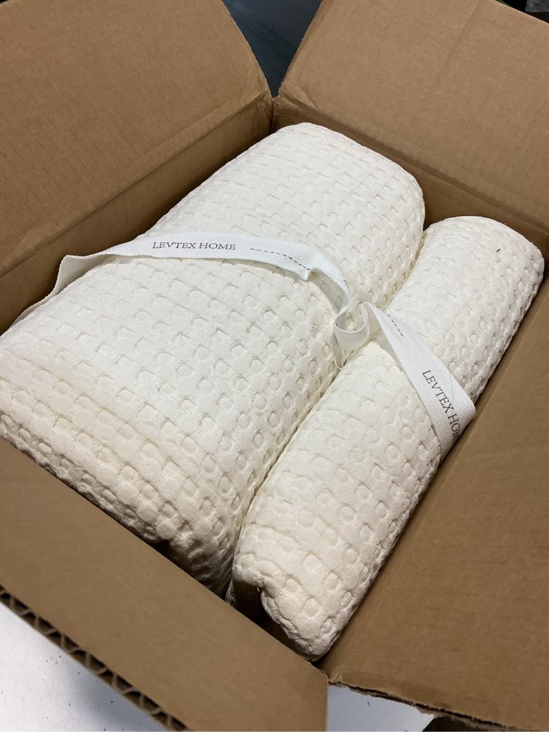 Condition photo showing Good Condition for levtex home cross stitch reversible queen bedspread set (104x106in) with 2 pillow shams (26x20in) - stitch texture - cream - cotton queen size bedspread set - lightweight, soft, pre-washed bedspread - queen cream