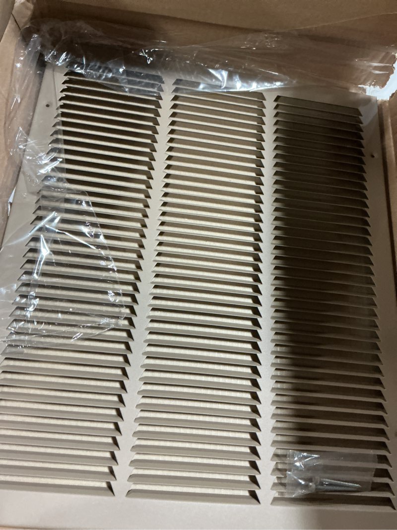 Condition photo showing Good Condition for hvac premium 16'' x 20'' [duct opening] flat stamped steel return air grille - sidewall and ceiling - hvac vent duct cover - brown [outer dimensions: 17.75''w x 21.75''h] 16 x 20 brown