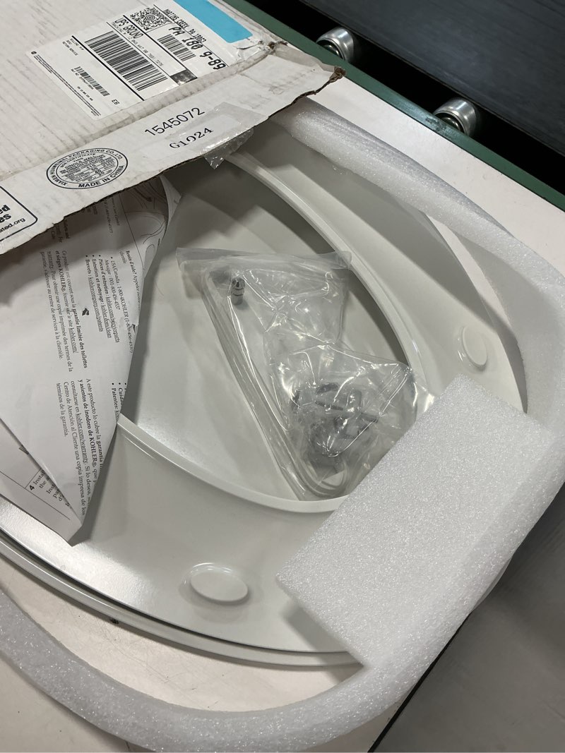 Condition photo showing As Is for kohler k-30781-0 willow quiet-close elongated toilet seat with grip tight bumpers, white
