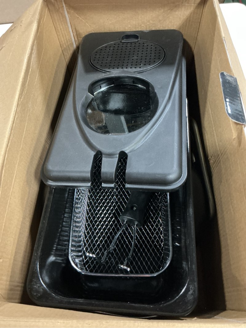 Condition photo showing As Is for ovente electric deep fryer 2 liter capacity, 1500 watt lid with viewing window and odor filter, adjustable temperature, removable frying basket and easy to clean stainless steel body, silver fdm2201br fdm2201br - silver