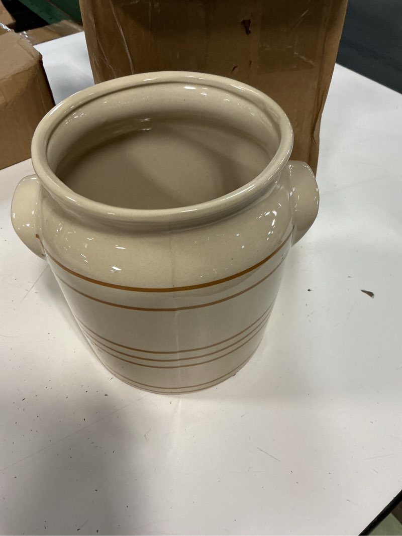 Condition photo showing Good Condition for ceramic farmhouse kitchen utensil holder for countertop, rustic cooking utensil holder crock fit for kitchen counter. 6*6.8*6.7 in gold thread