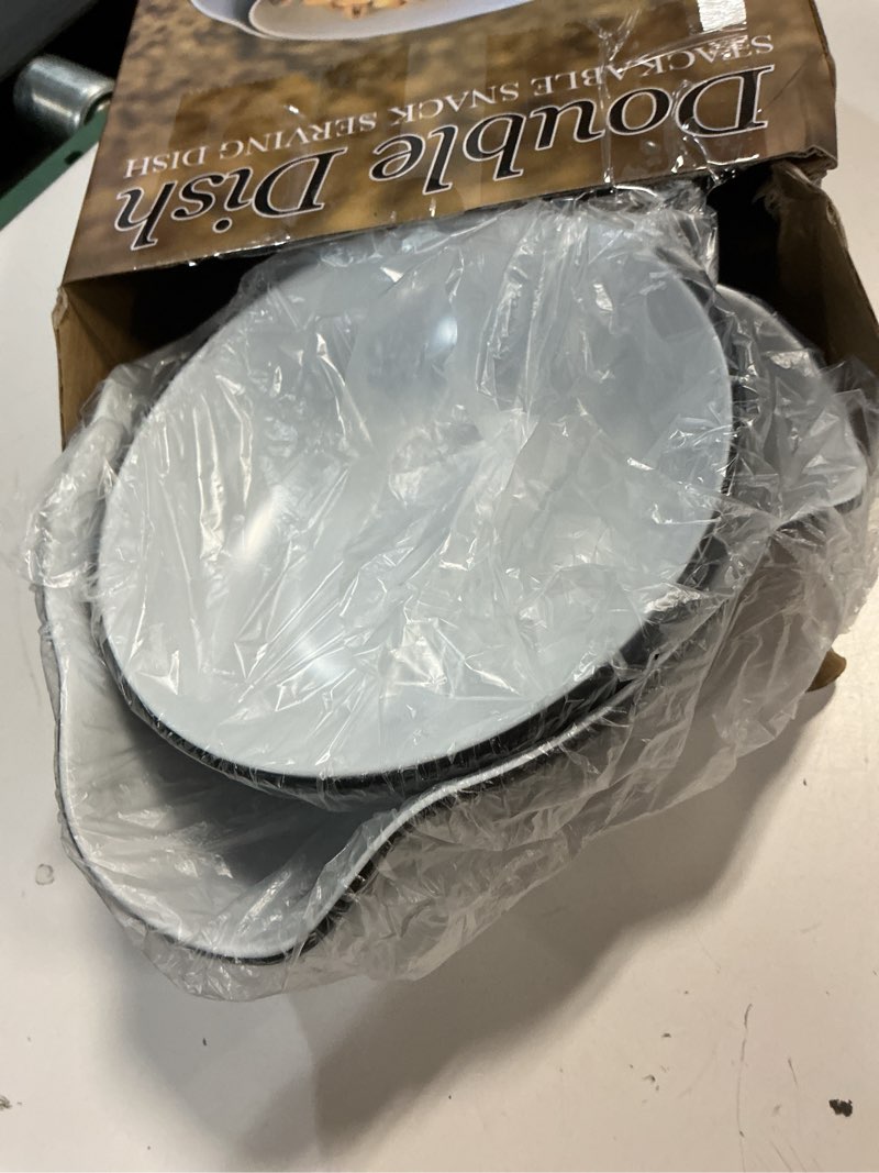 Condition photo showing New/Like New for pistachio bowl, snack serving dish, double dish nut bowl with nut seeds shell storage, pistachios, peanuts, cherries, popcorn, edamame, fruits, snacks, and candy serving bowl, black & white