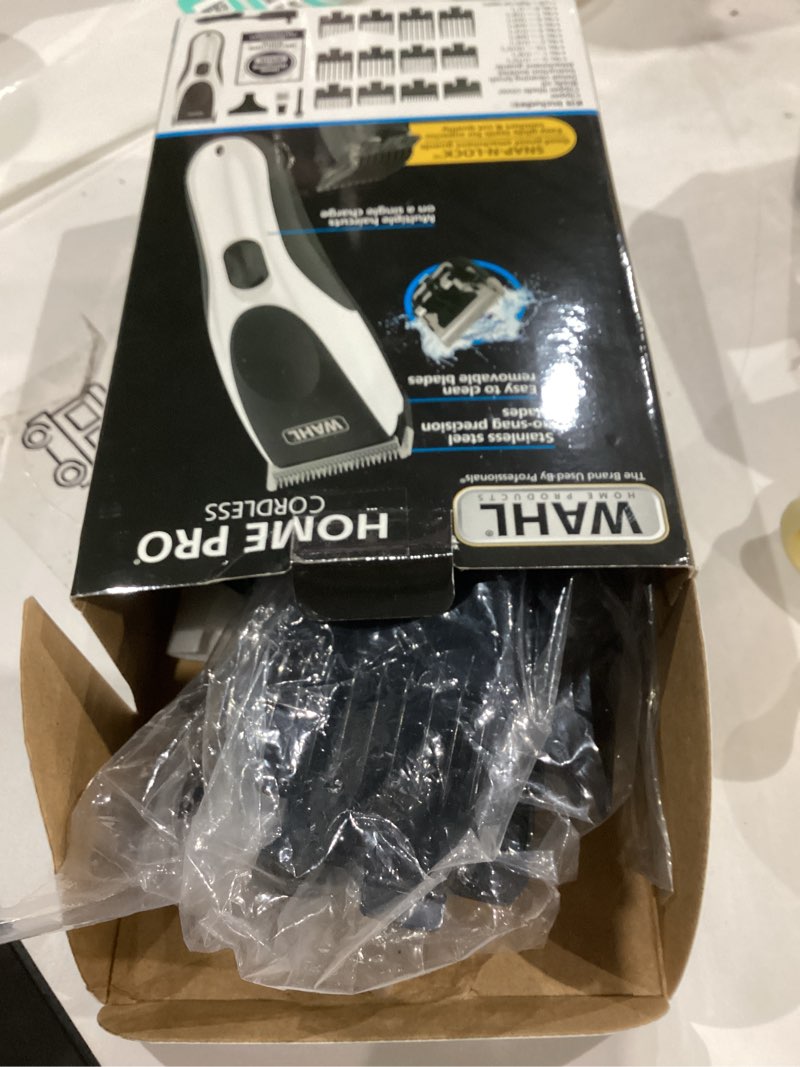 Condition photo showing As Is for wahl clippers home pro cordless rechargeable hair clippers for men with precision haircutting blades & secure snap-n-lock attachment guards – model 3028835