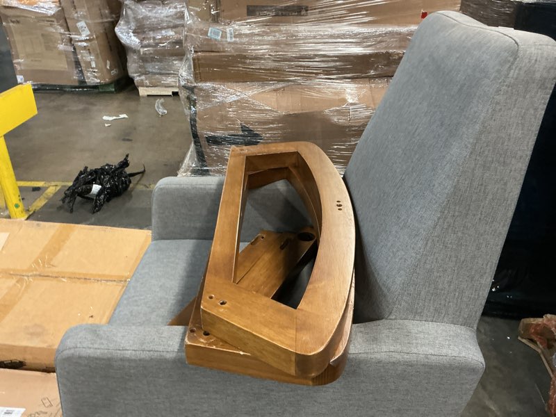 Condition photo showing As Is for homcom nursery rocking chair with curved wood base, linen seat, grey