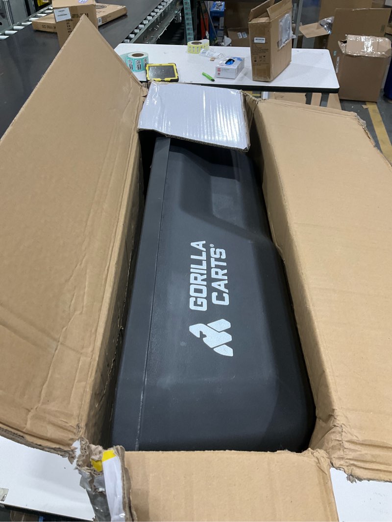 Condition photo showing As Is for Gorilla Carts GCR-4 Poly Dump Cart, 2-Wheel Garden Wagon with Foldable Handle, 4 cu ft, 300 lb. Capacity, Black/Yellow