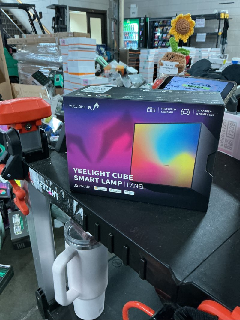 Condition photo showing New/Like New for yeelight cube smart table ambient lamp, panel light, 16 million colors option, rgb individual addressable, dynamic lighting, music flow, wifi connected, app control, cube*1, adapter*1