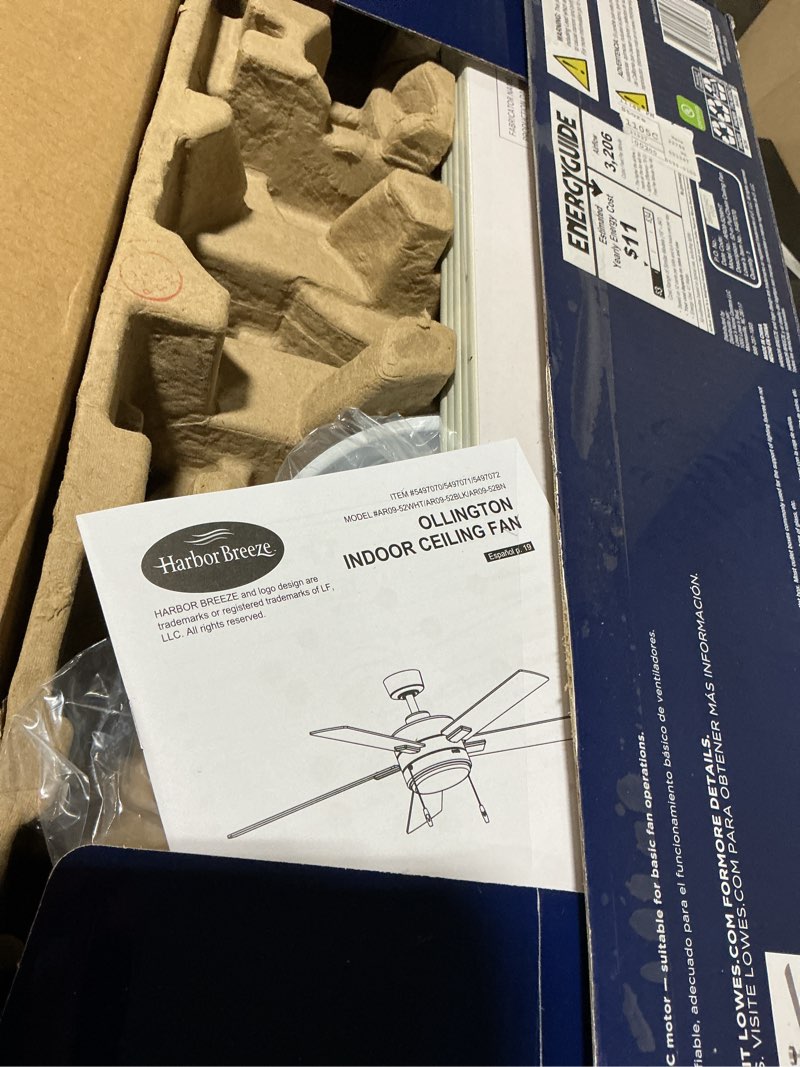 Condition photo showing As Is for harbor breeze ollington 52-in integrated led matte white with white oak blades ceiling fan with light 5 -blade )