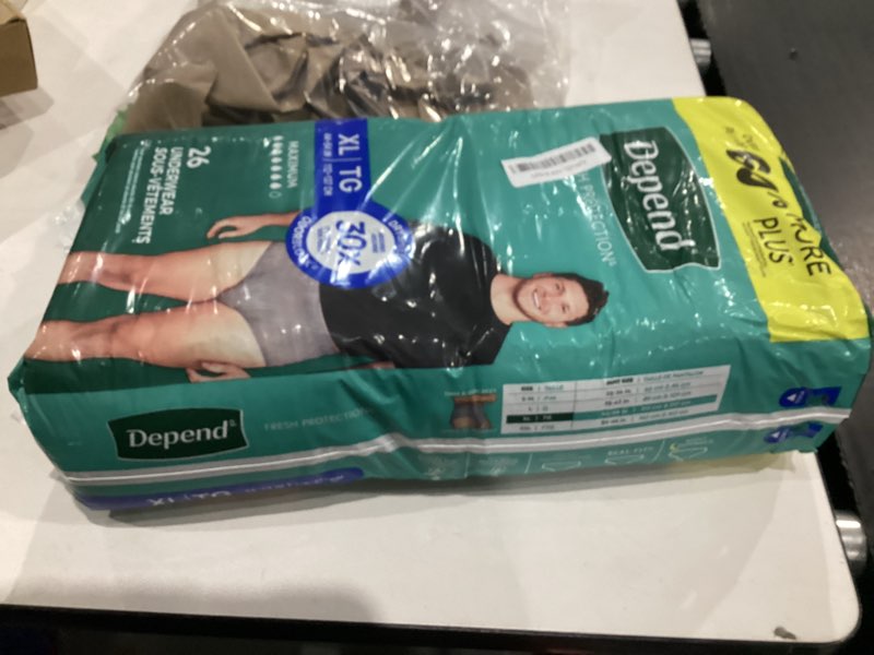 Condition photo showing New/Like New for Depend Fresh Protection Adult Diapers, Incontinence Underwear for Men, Disposable, Maximum, Extra-Large, Grey, 26 Count, Packaging May Vary X-Large 26