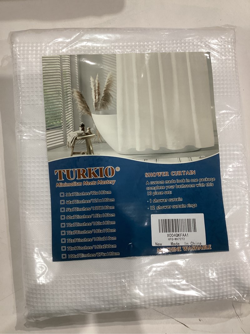 Condition photo showing New/Like New for TURKIO White Waffle Shower Curtain, Waffle Weave Striped Shower Curtain Hotel Luxury White Fabric Shower Curtains for Bathroom 72"W x 72"L (Pack of 1) White