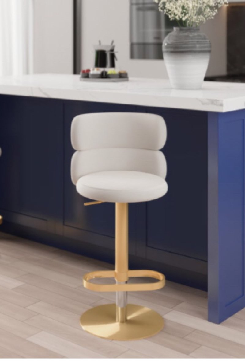  Bar Stool Velvet Upholstery Swivel Beige with Backrest Adjustable 