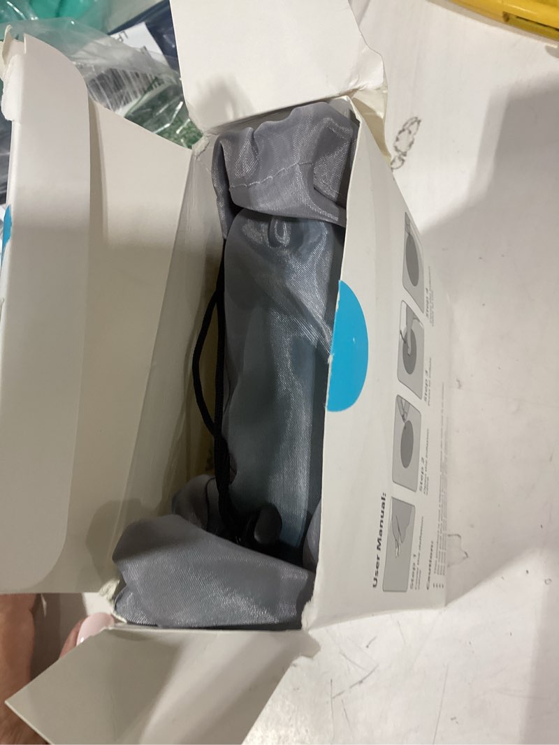 Condition photo showing New/Like New for ultralight inflatable travel pillow press to inflate compressible neck and lumbar support while camping driving sleeping peacock blue