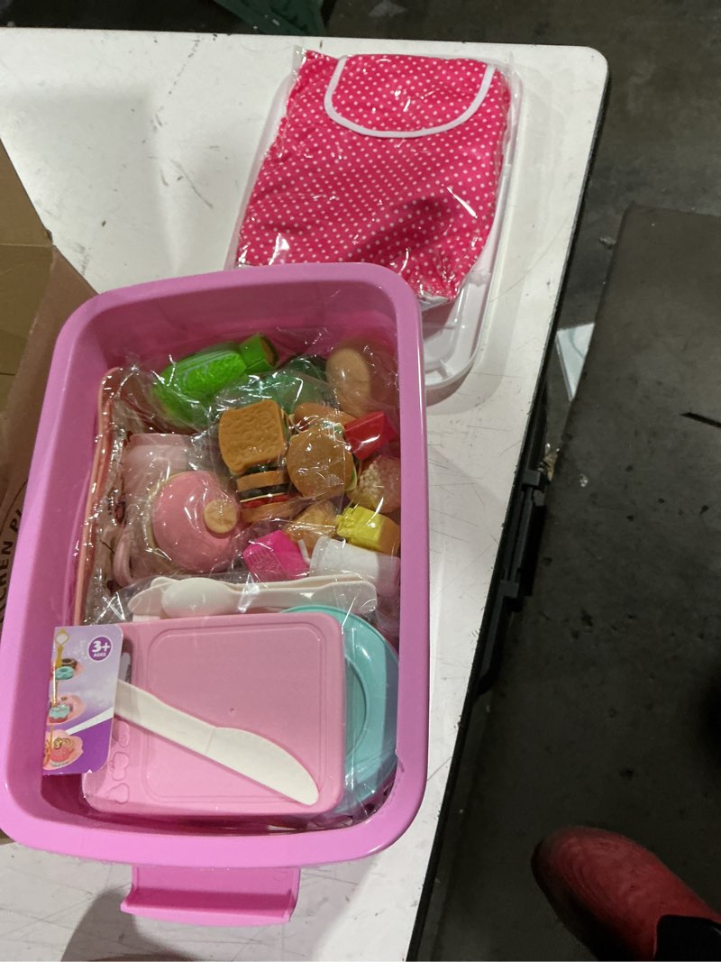 Condition photo showing As Is for 121pcs play kitchen accessories, kids kitchen playset, pretend play food tea party set, toy kitchen kids cooking real with apron?chef hat, utensils cookware pots?pans, toy organizer, toddler toys gift pink