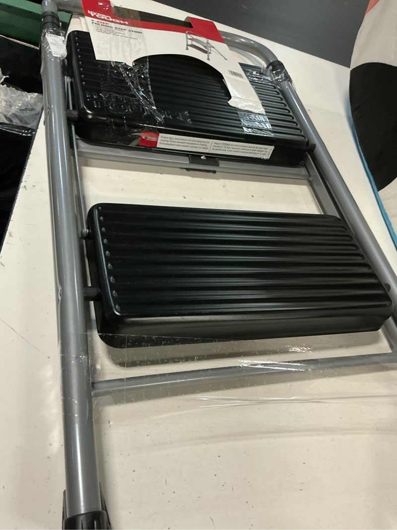 Condition photo showing Good Condition for hyper tough gray & black 2-step steel large platform & foldable step stool – holds up to 225 pounds