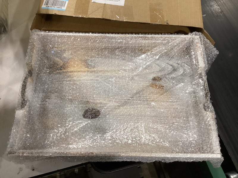 Condition photo showing Good Condition for large wood rectangular serving tray 20 x 14 inch rustic wooden ottoman tray with metal handle and wrapped corners, wood coffee table tray solid pine decorative tray whitewashed