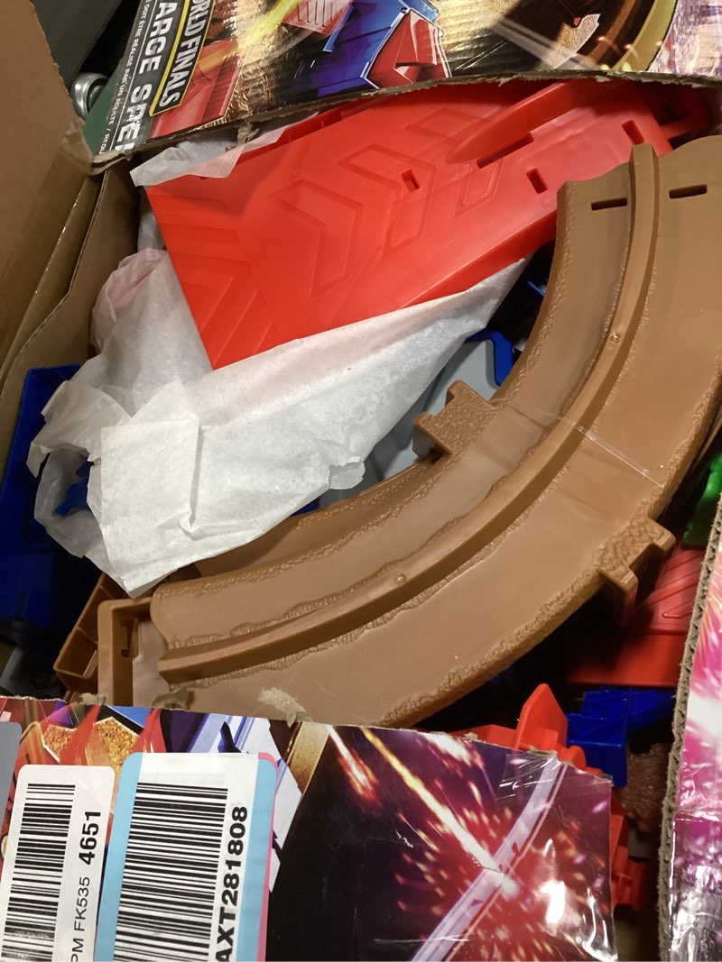 Condition photo showing As Is for monster jam, supercharge speedway playset, megalodon and el toro loco die-cast monster trucks, light up world finals track kids toys for boys ages 3 and up