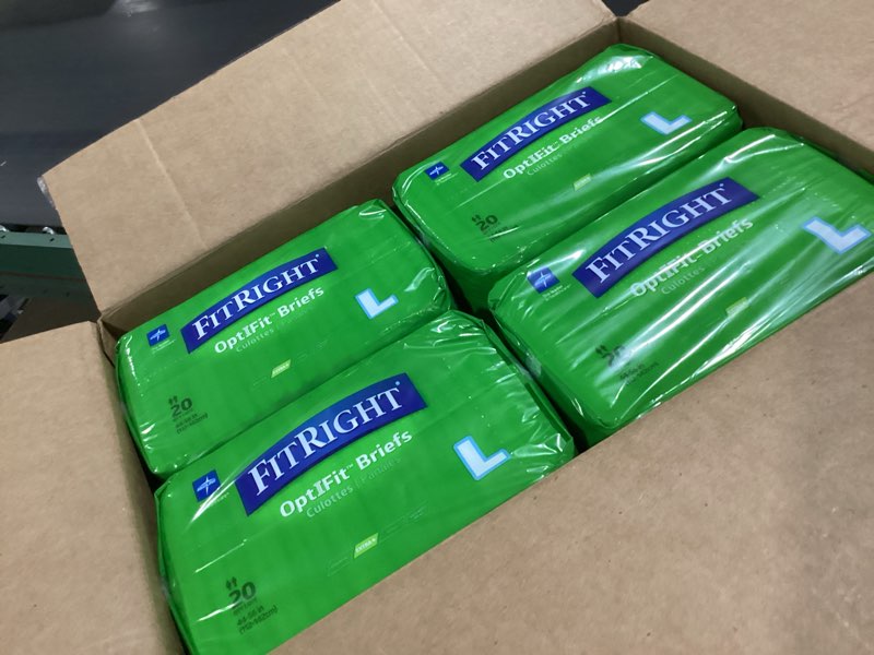 Condition photo showing New/Like New for fitright optifit extra+ adult diapers with leak stop guards, disposable incontinence briefs with tabs, moderate absorbency, large, 44"-56", 20 count (pack of 4)