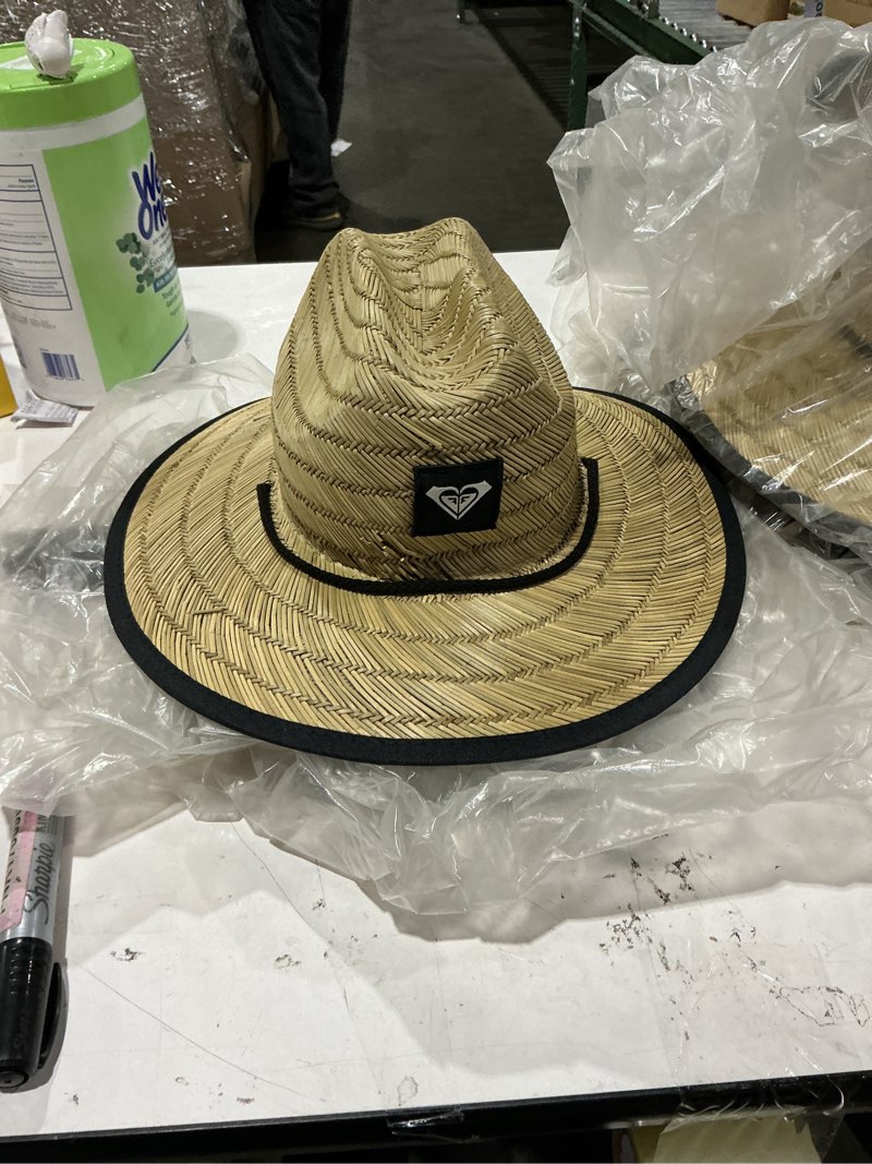 Condition photo showing As Is for has damage yroxy girls' tomboy woven straw hat | wide brim | adjustable | sun protection | beach | vacation | natural one size anthracite exc