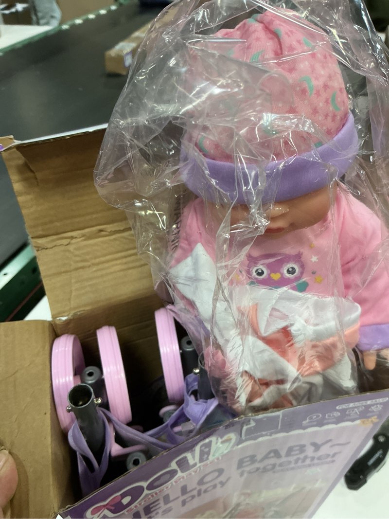 Condition photo showing Good Condition for Baby Doll with Stroller Set for Realistic Pretend Play for 3 4 5 6 7 Year Old Toddler Girls Gifts. Baby Stroller Toys includes 12.5-inch Baby Dolls, 2 sets Doll Clothes and 17 PCS Doll Accessories