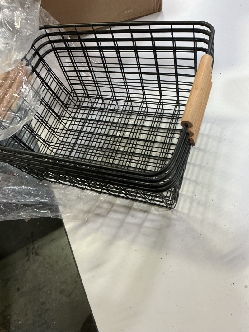 Condition photo showing Good Condition for Wire Basket 4 Pcs Wire Storage Baskets Wire Baskets Organizing with Wooden Handles Wire Basket Pantry Organization and Storage Metal Wire Food Storage Basket for Kitchen, Cabinets (Black 4PCS)