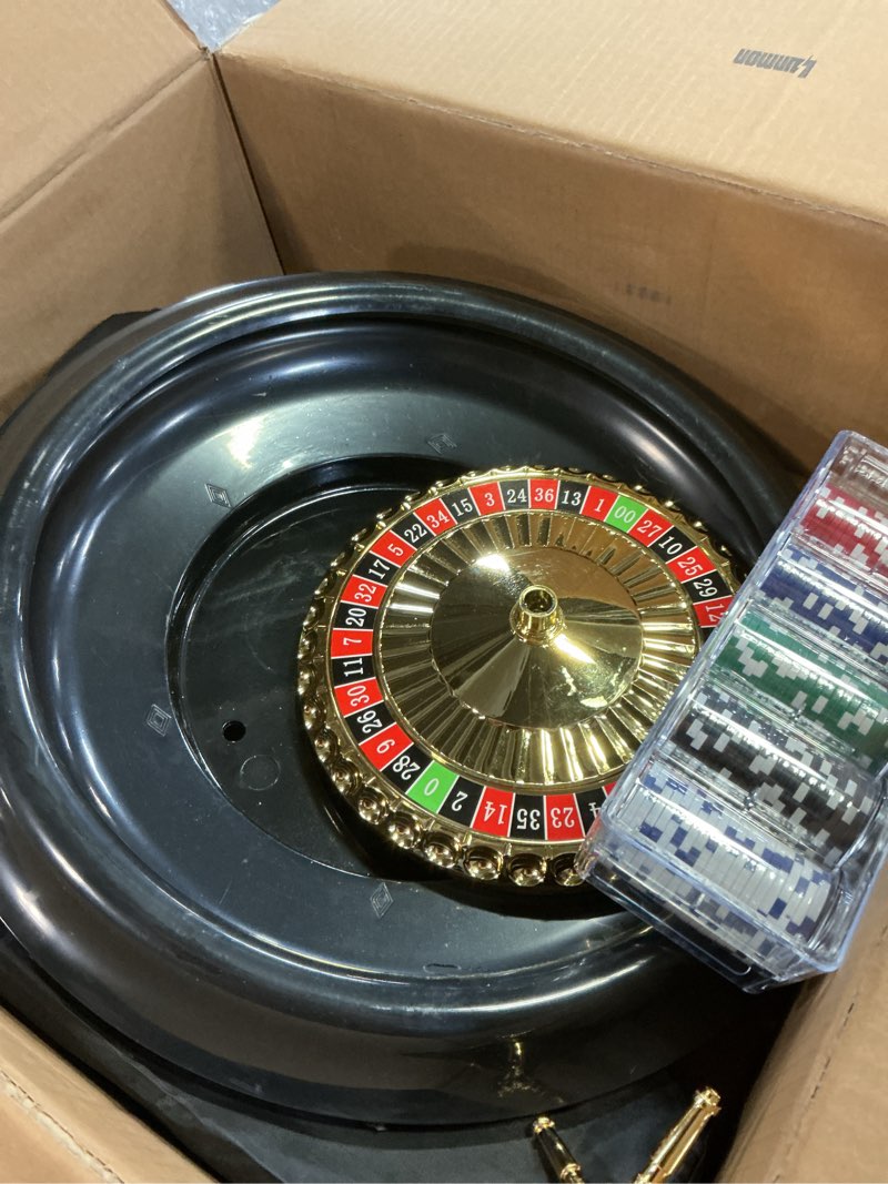 Condition photo showing Good Condition for roulette wheel game set include 16'' black roulette wheel 35" x 16" rubber tabletop layout mat, 100 chips dealer button win marker casino game sets gift ideas(green)