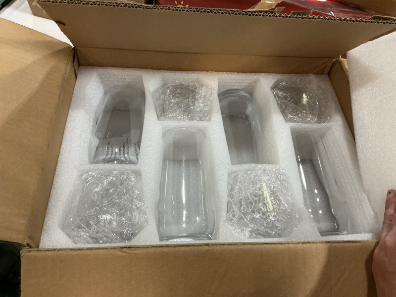 Condition photo showing New/Like New for mfacoy drinking glasses set of 8-4 tall glass cups 18 oz & 4 short stemless wine glasses 13 oz, highball glasses, glassware sets for cocktail, beer, wine, whiskey, water & juice drinkware