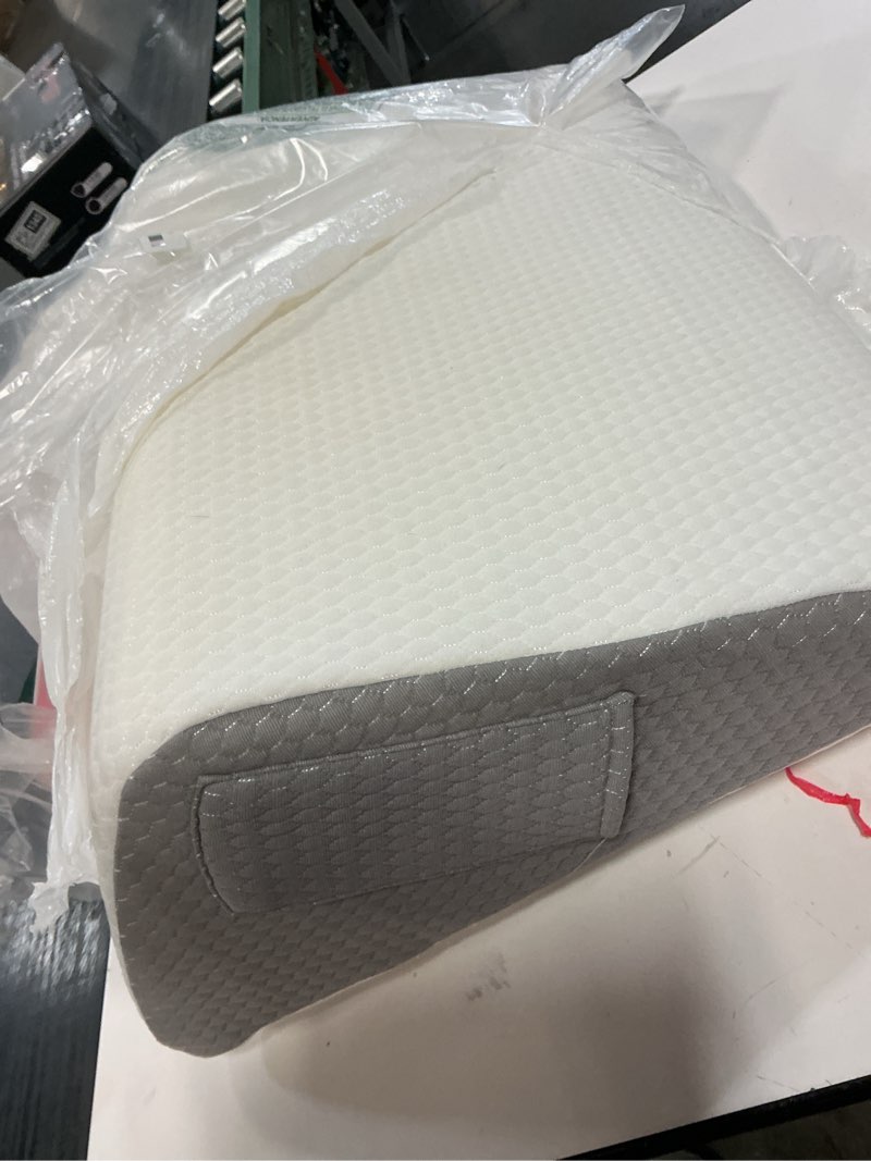 Condition photo showing As Is for Bedluxe Knee Pillow for Back Sleeping, Leg Pillow Knee Wedge Pillow, Memory Foam Wedge Pillows for Legs Post Surgery, Triangle Pillow for Knee Support, Leg Elevation, Knees Hip Back Pain Relief, White 23.6*18.9*7.9 Inch White/Grey