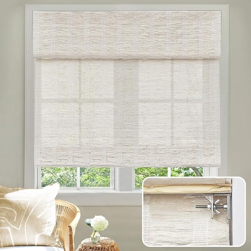 No Drill Cordless Roman Shades for Window, Pure Linen Natural Hemp Grass Weaving Window Blinds, Privacy Roller Blinds for Windows Shades Easy to Install, White Hemp Grass 21 x 64