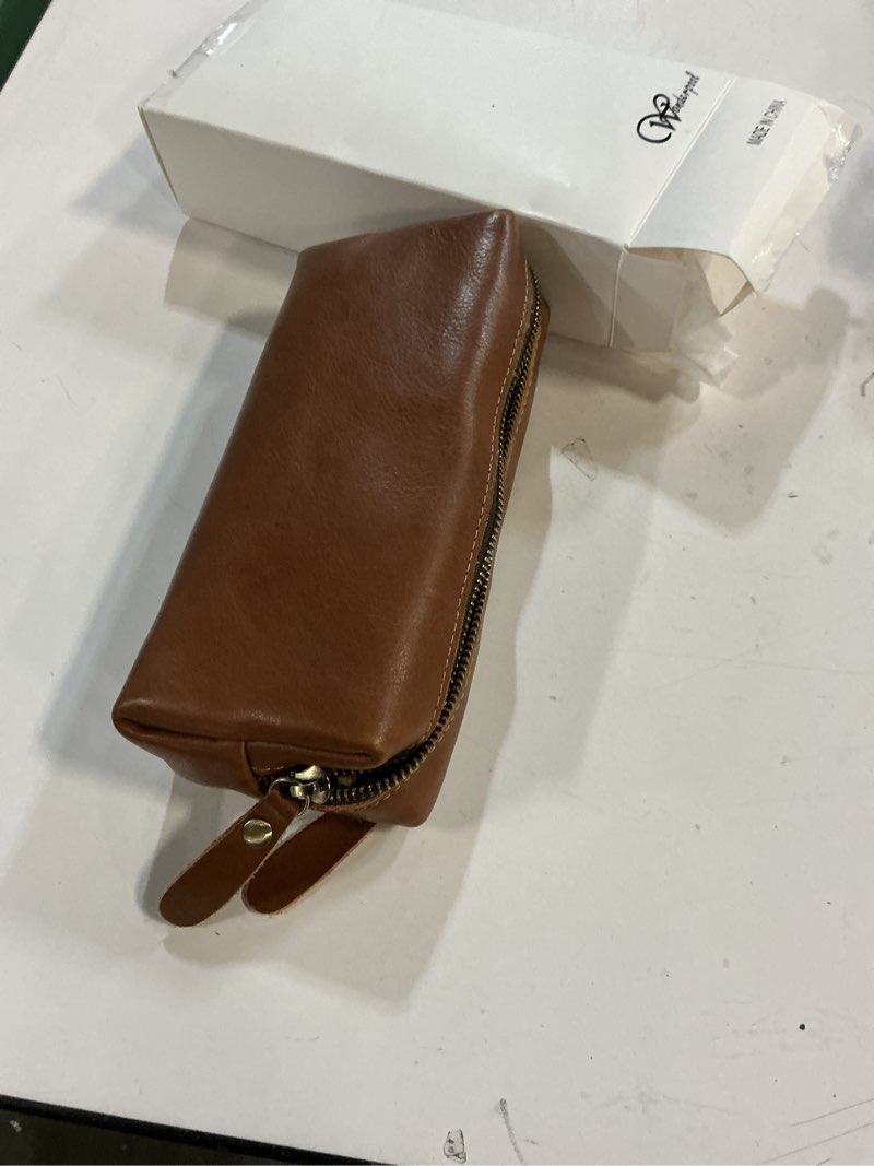 Condition photo showing item condition for WONDERPOOL Pen Case Real Leather Pencil Pouch Markers Holder Big Capacity Bag with Side Zippered Pocket for Stationery Tool Light brown