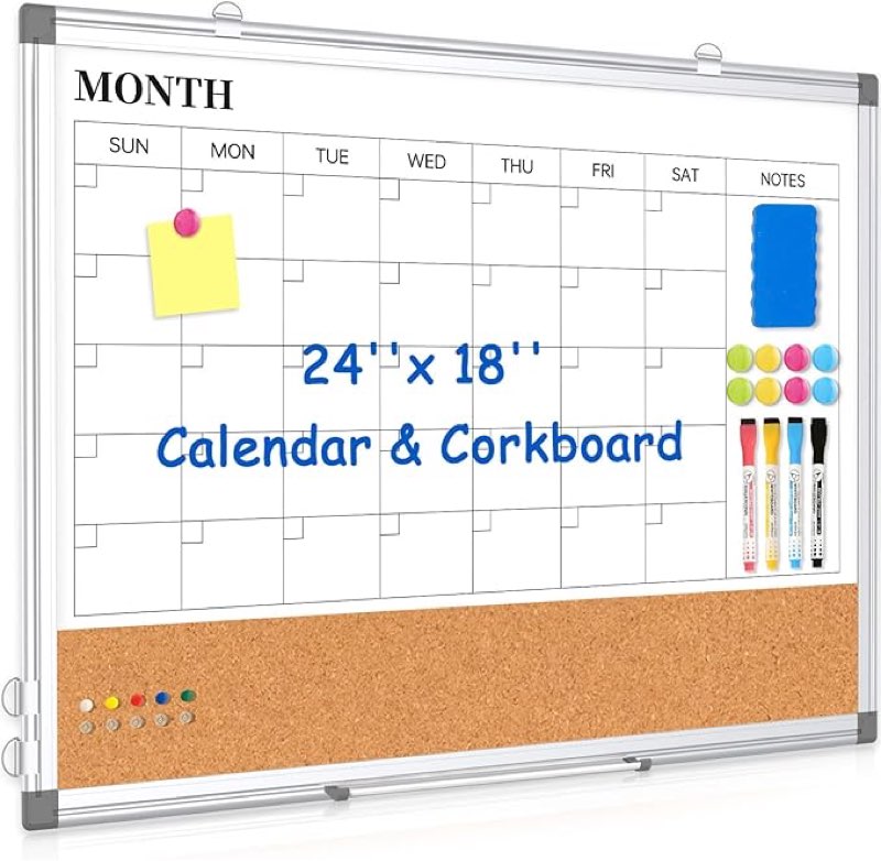 Monthly Calendar Whiteboard Dry Erase Cork Board Combo, 24" x 18" Magnetic Double-Sided Calendar Whi